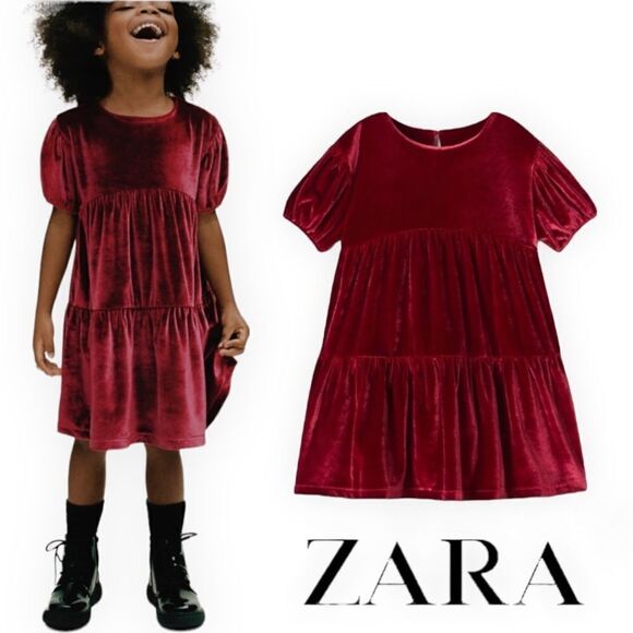 ZARA Kids | Red | TIERED VELVET DRESS - Picture 1 of 8